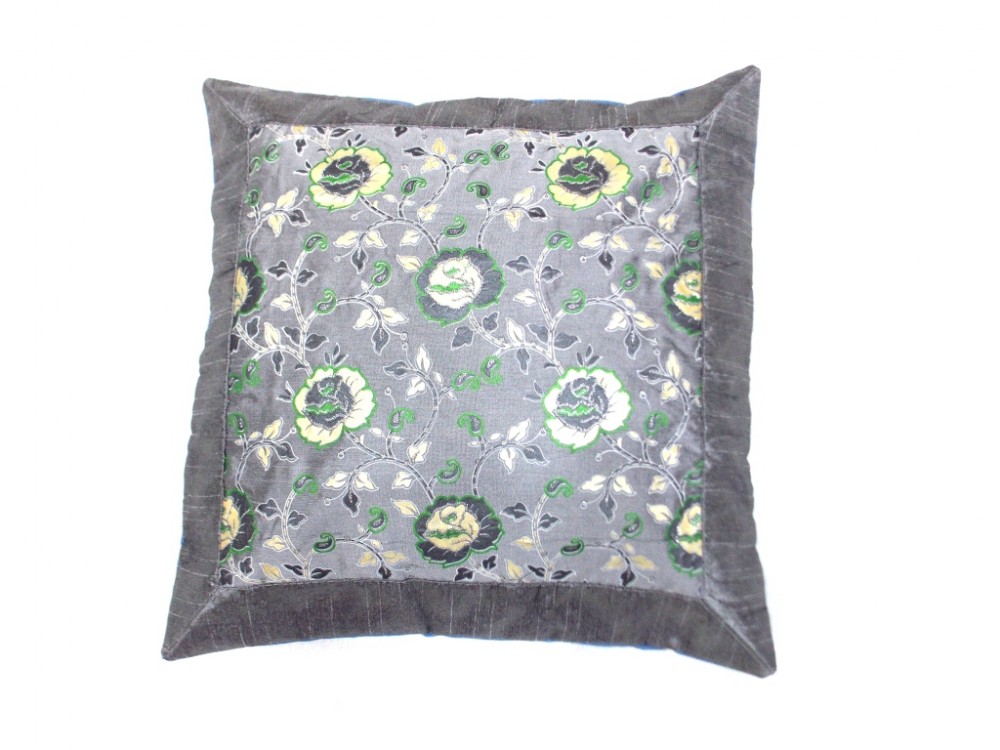JAIPURI CUSHION COVER PILLOW CASE FLORAL DESIGN SILK FABRIC GREY COLOR SIZE 17x17 INCH